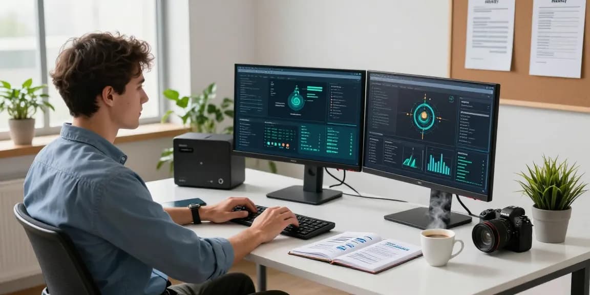 Dynamic cybersecurity workspace illustrating IASME Cyber Essentials compliance with IT professional at desk.