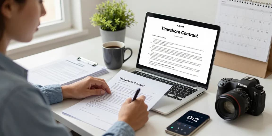 Focus on the process to cancel timeshare with a person drafting a cancellation letter, documents and laptop visible.