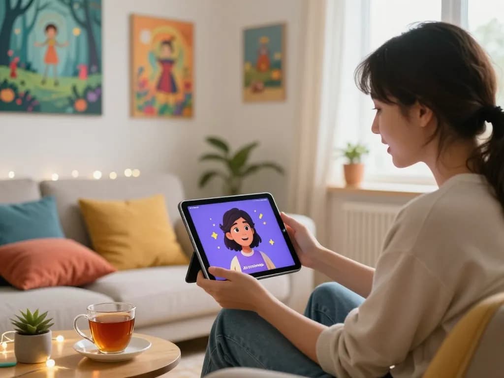 Sexting AI conversation on a tablet in a cozy setting showing playful decor and warm lighting.