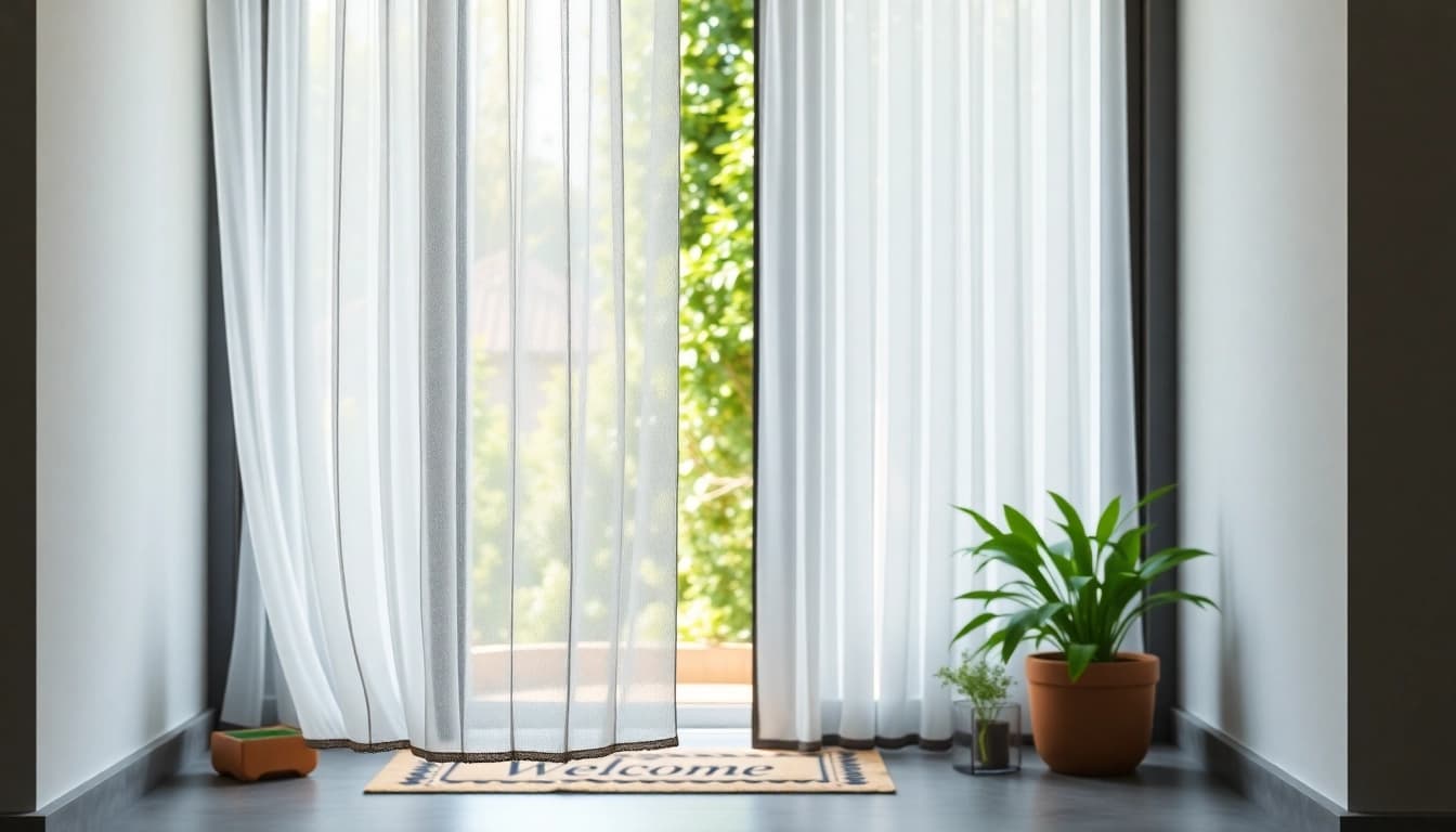 Visualización de una mosquitera plisada puerta en un entorno moderno, resaltando su diseño acordeón.