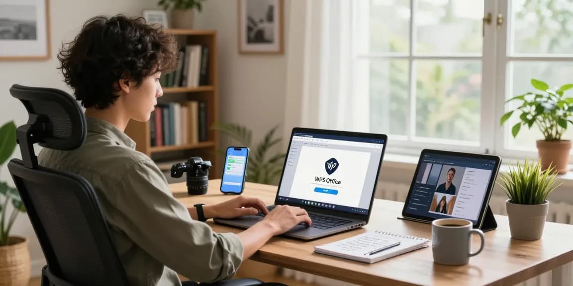 WPS Download process on a laptop in a modern home office, showcasing productivity tools and a cozy atmosphere.