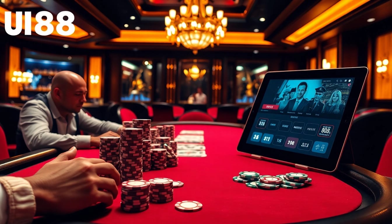 UU88 players strategizing at a high-stakes poker table amidst an elegant casino atmosphere.