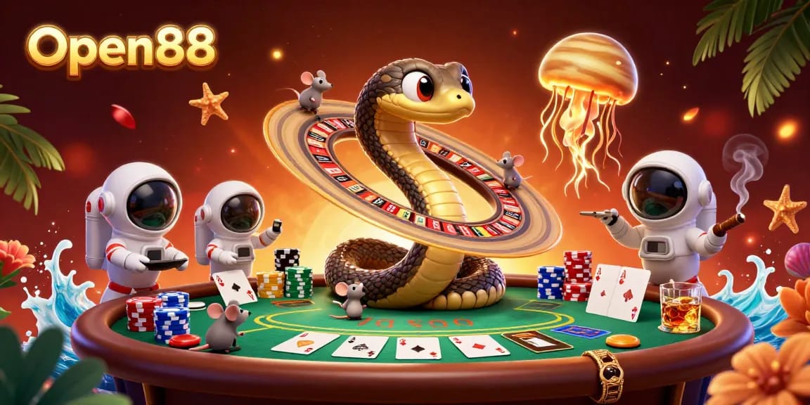 Experience Open88 with a vibrant 3D casino scene featuring cosmic characters and exciting game elements.