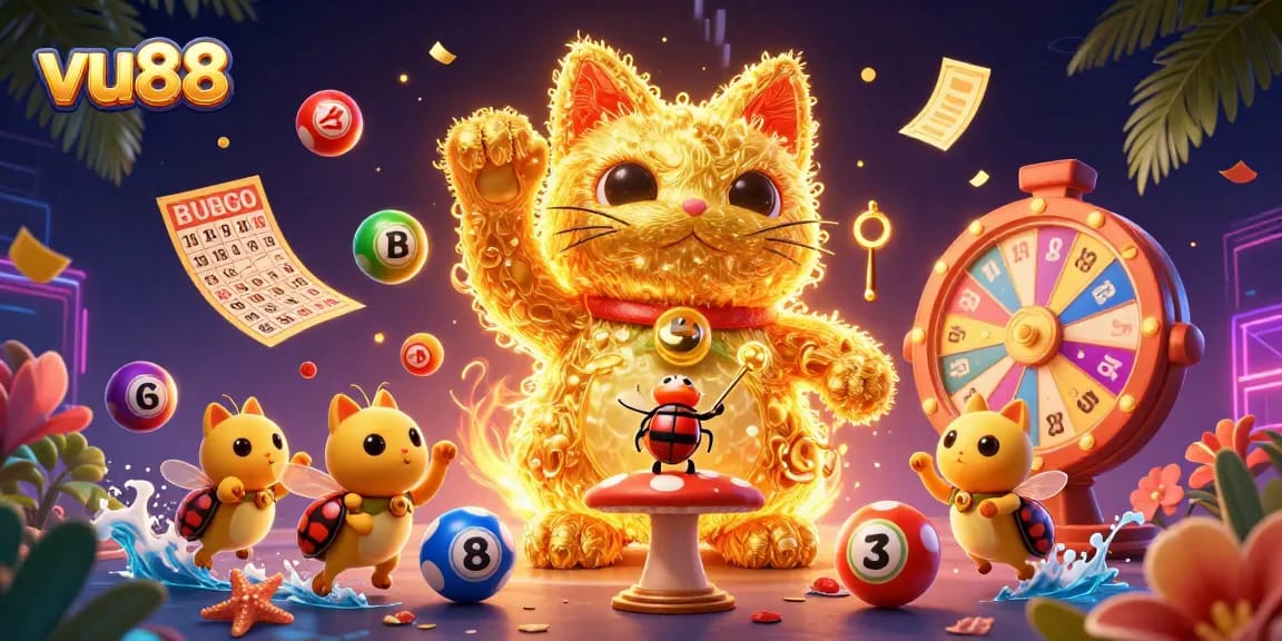 Play winning games at vu88, featuring colorful dynamic casino elements and vibrant golden visuals.