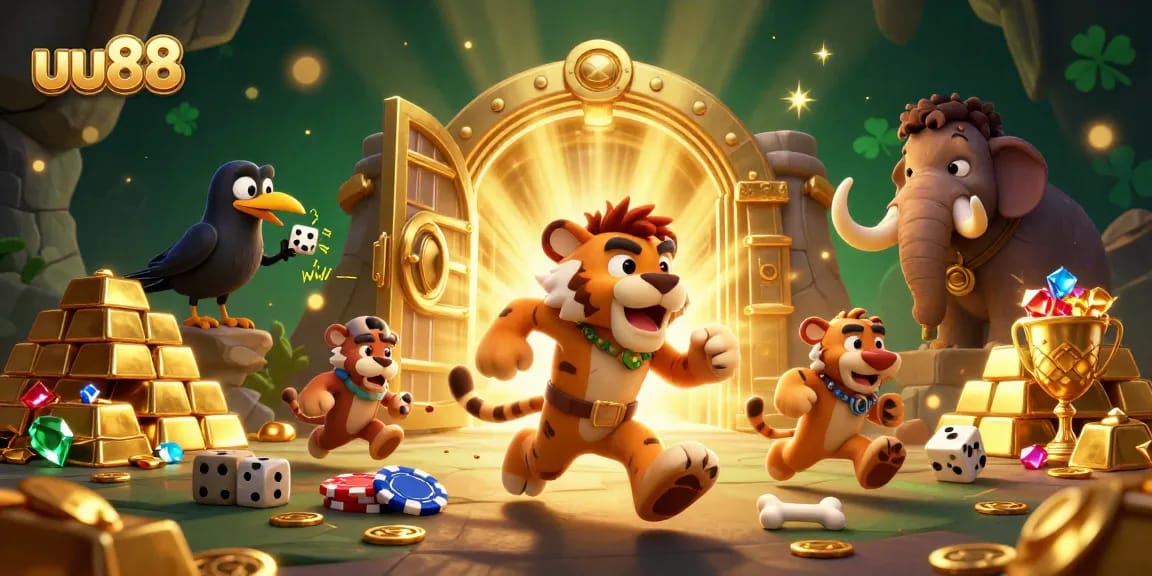 Join the excitement at uu88 with playful caveman duo and treasures in a fun casino.
