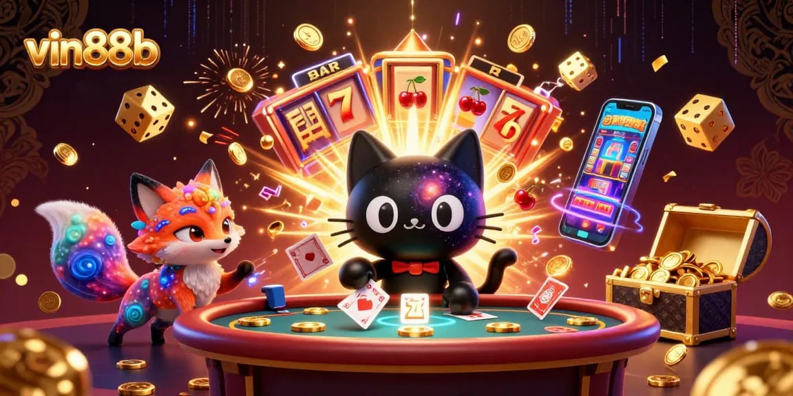 Experience vin88b's vibrant galaxy-themed casino scene with cosmic characters and exciting gambling elements.