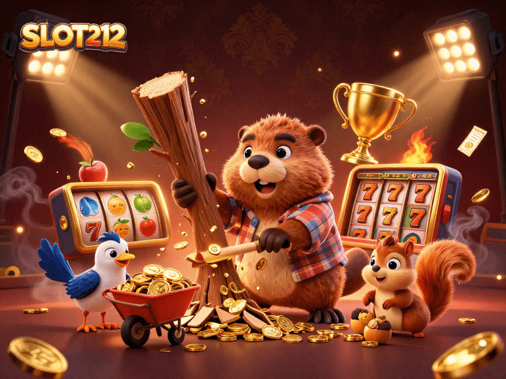 Experience the thrill of SLOT212 with a dynamic 3D illustration featuring characters amidst raining gold.