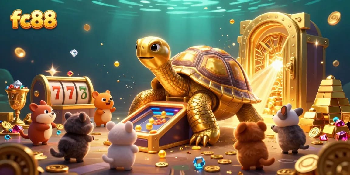 Engage in thrilling games at fc88 featuring vibrant scenes with slot reels and treasure elements.