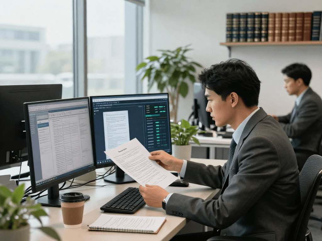 Forensic analyst examining digital documents for document fraud detection in a modern corporate office setting
