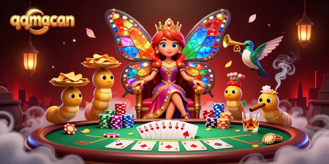 Engage with qqmacan's vibrant casino scene featuring a butterfly queen among poker elements.