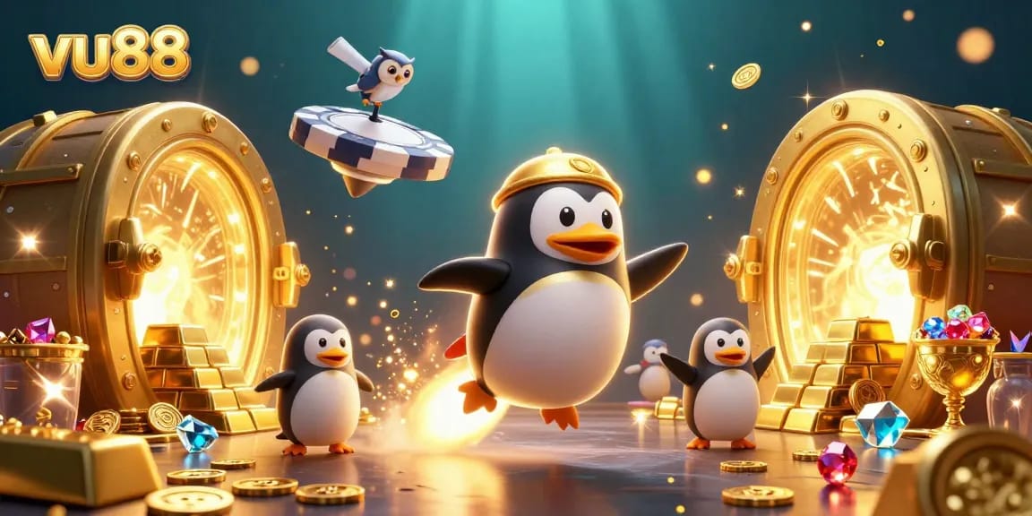 Experience the excitement at vu88 with a thrilling golden penguin adventure in a vibrant casino setting.