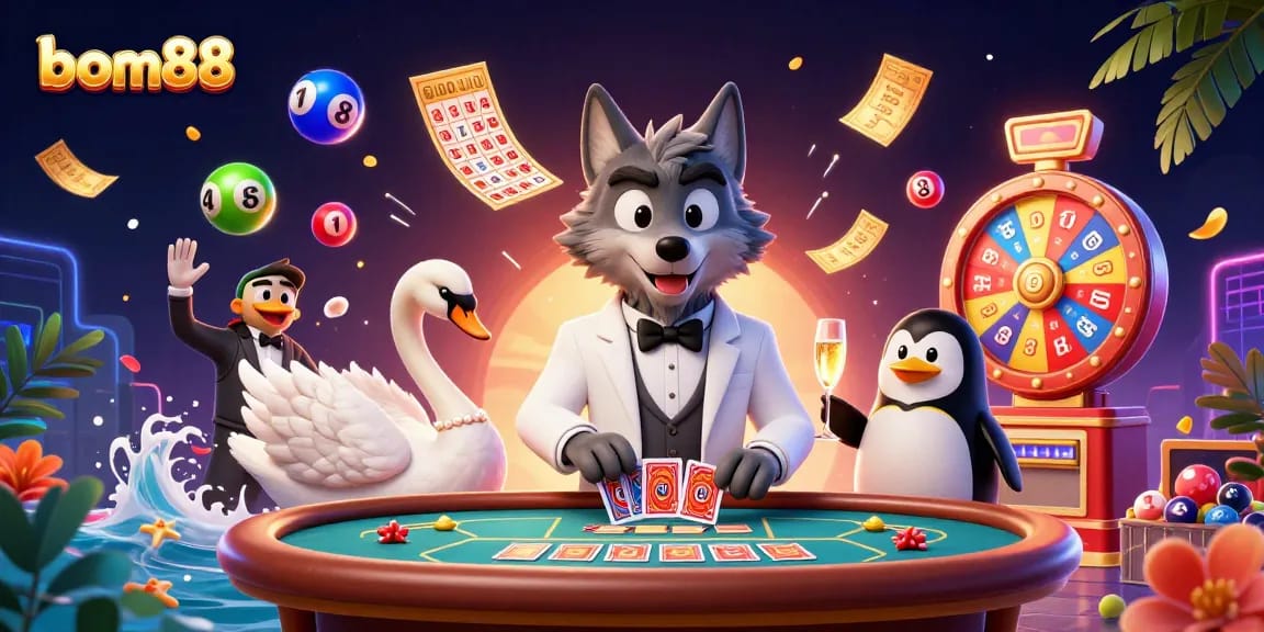Experience the excitement of bom88 with vibrant casino characters and dynamic game elements in a lively scene.