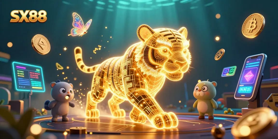 Experience the thrill of SX88 with a dazzling neon tiger in a vibrant casino landscape.