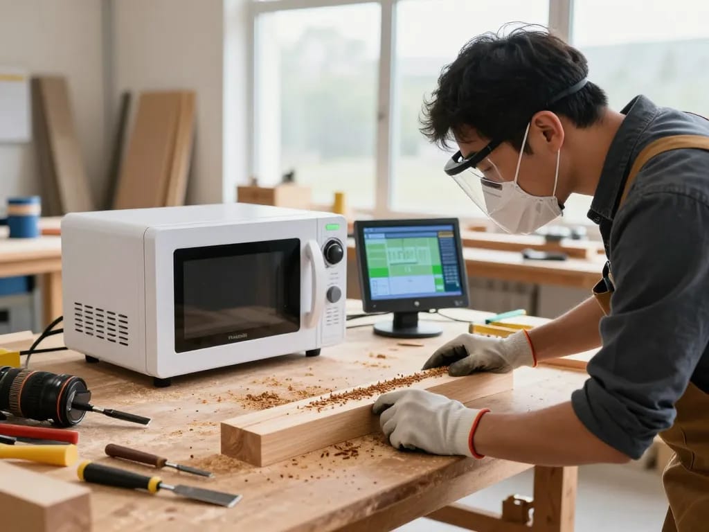 Falegname che utilizza un sistema di microonde antitarlo per eliminare i tarli da una trave di legno in un luminoso laboratorio.