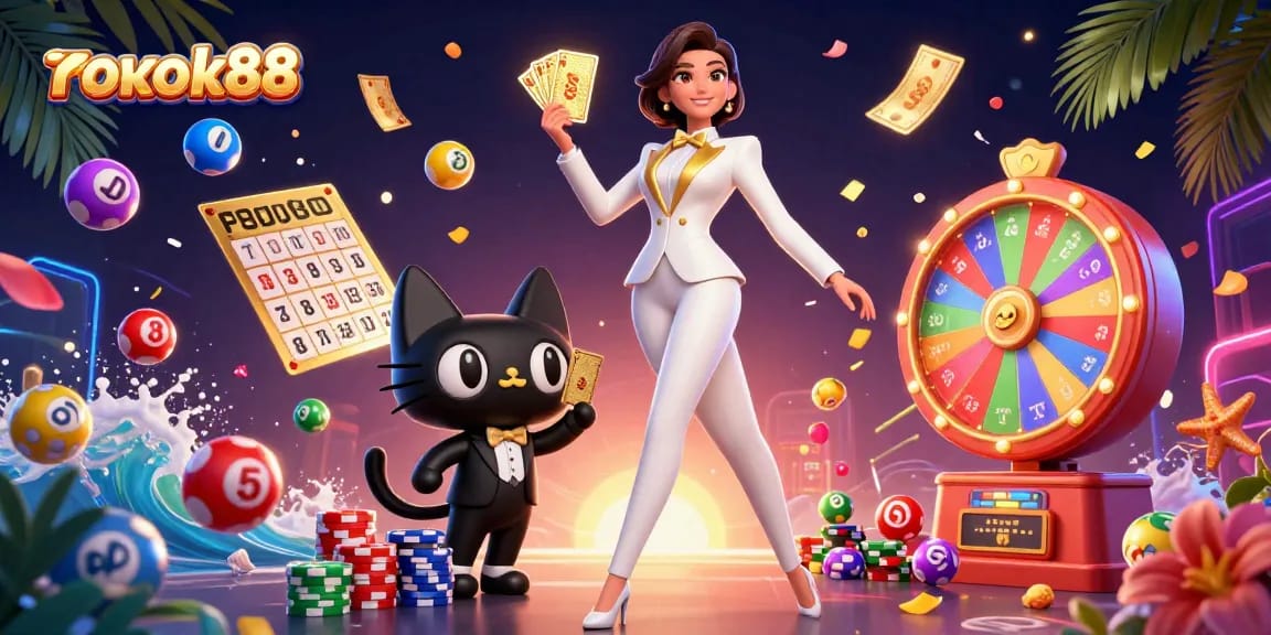 Engage in thrilling gameplay with rokok88 as a glamorous dealer interacts with colorful lottery elements.
