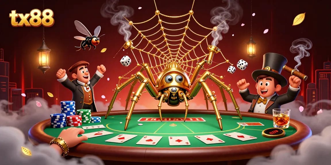 Engage with tx88's vibrant casino scene featuring a steampunk spider and poker elements.