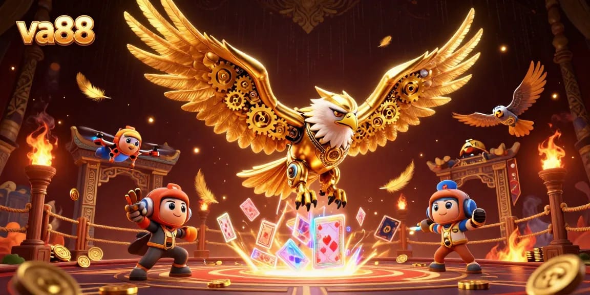 Engage with va88's thrilling gaming experience featuring a cybernetic eagle and holographic cards.