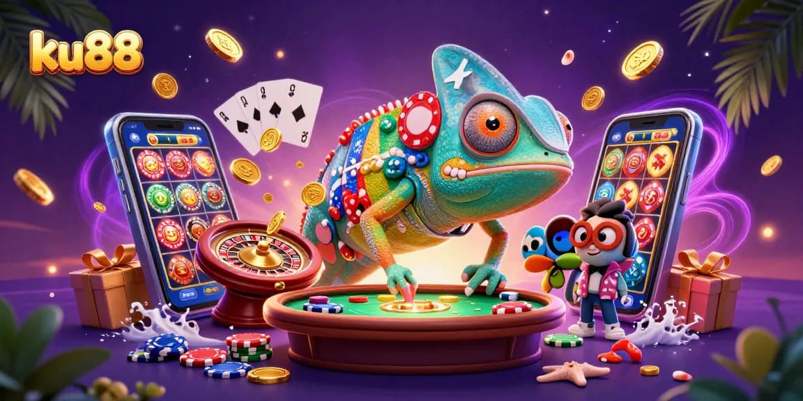ku88 chameleon casino owner collecting coins with vibrant casino elements around