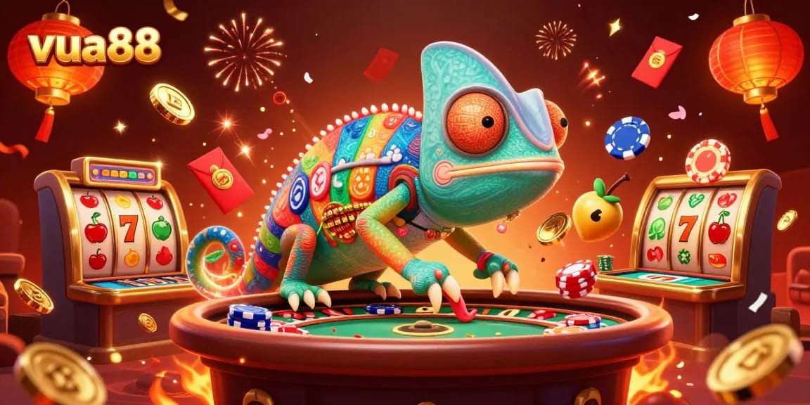 Experience thrills at VUA88 with vibrant casino elements including slots and golden coins.