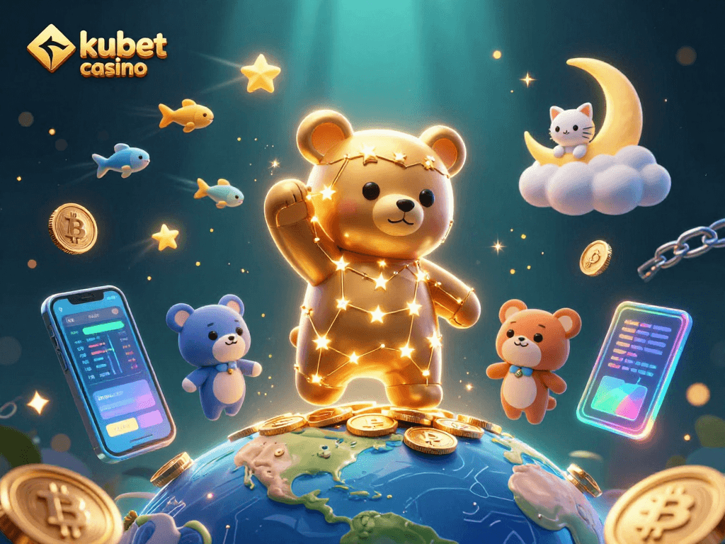 Experience kubet casino's excitement with a vibrant 3D illustration of dynamic characters collecting coins.
