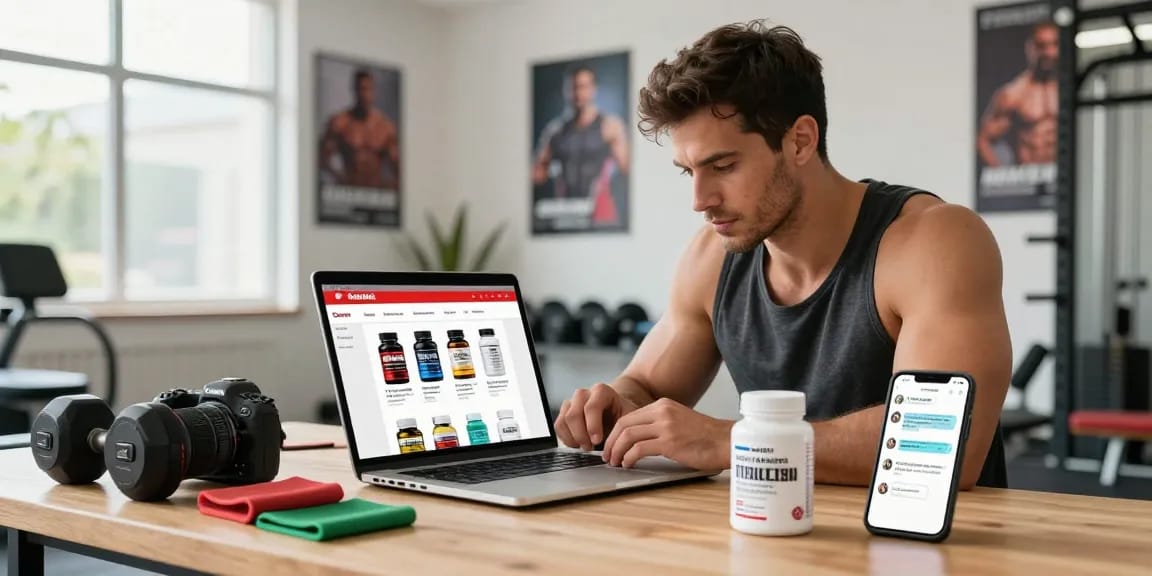 Steroide Boutique athlete shopping for anabolic steroids online in a modern gym setting.