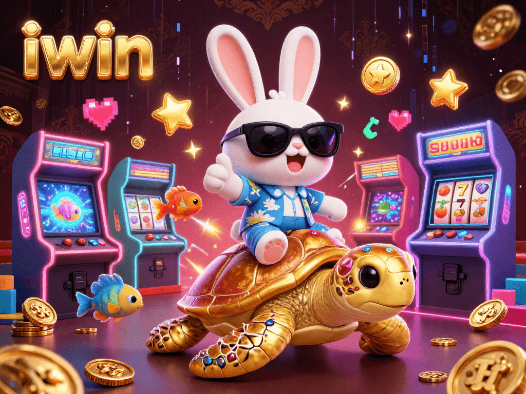 Win big with iwin featuring a lucky rabbit on a golden turtle surrounded by arcade and slot machines.