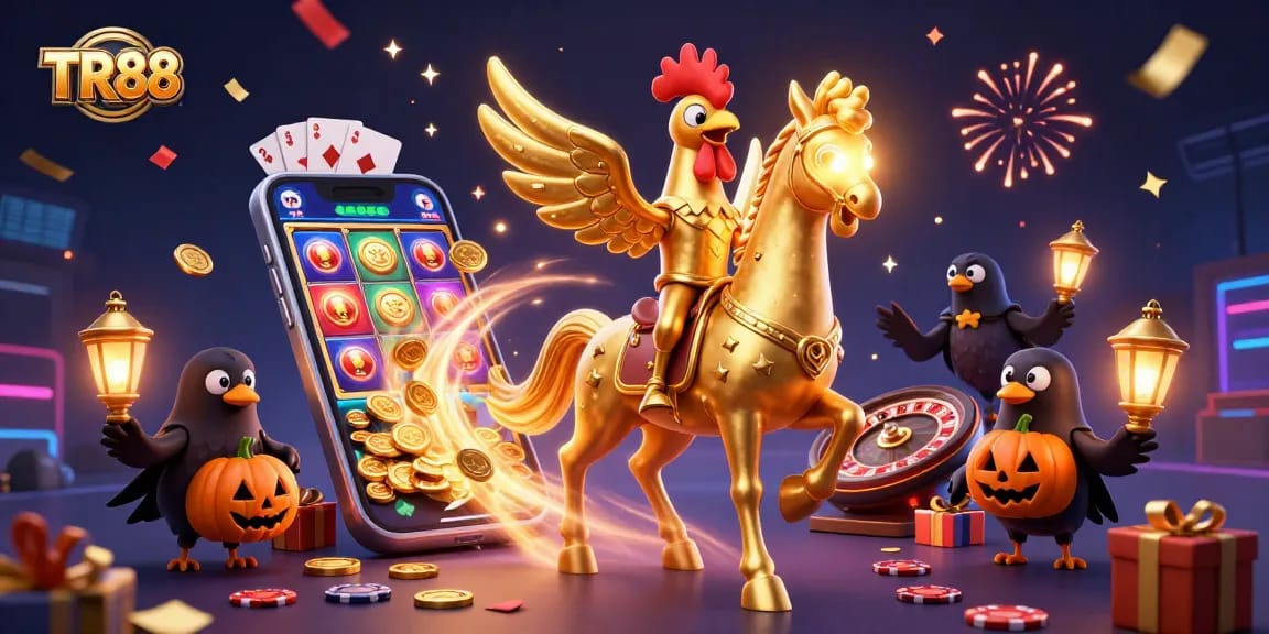 Experience vibrant gaming action in TR88 with golden rooster and spectral horse in a dynamic casino scene.