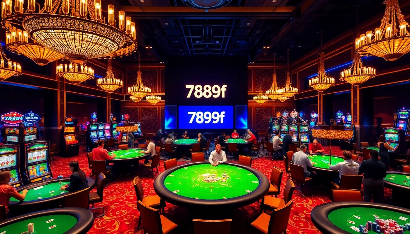 Engaging scene of players at 789f casino tables, highlighting poker chips and cards.