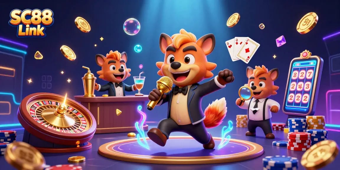 Experience the thrill of SC88 Link at a vibrant comedy casino with lively characters and dazzling game elements.