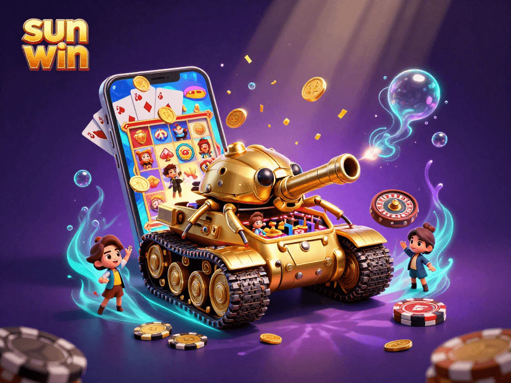 Experience sun win with a vibrant 3D casino scene featuring a golden tank, slot games, and confetti.