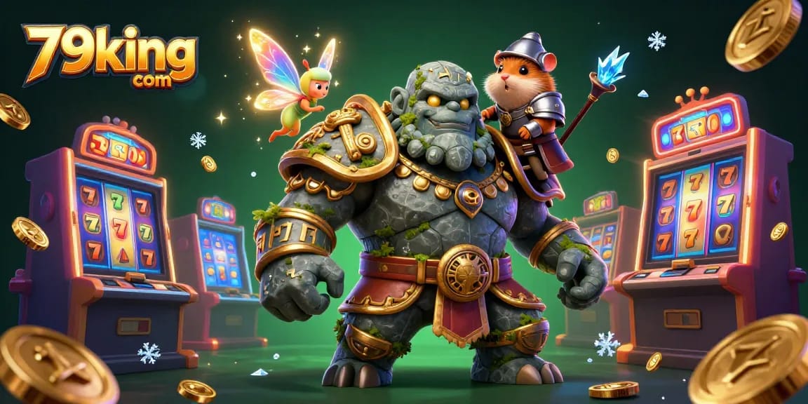Win big at 79king com with a magical casino adventure featuring a golem guardian and fairy!