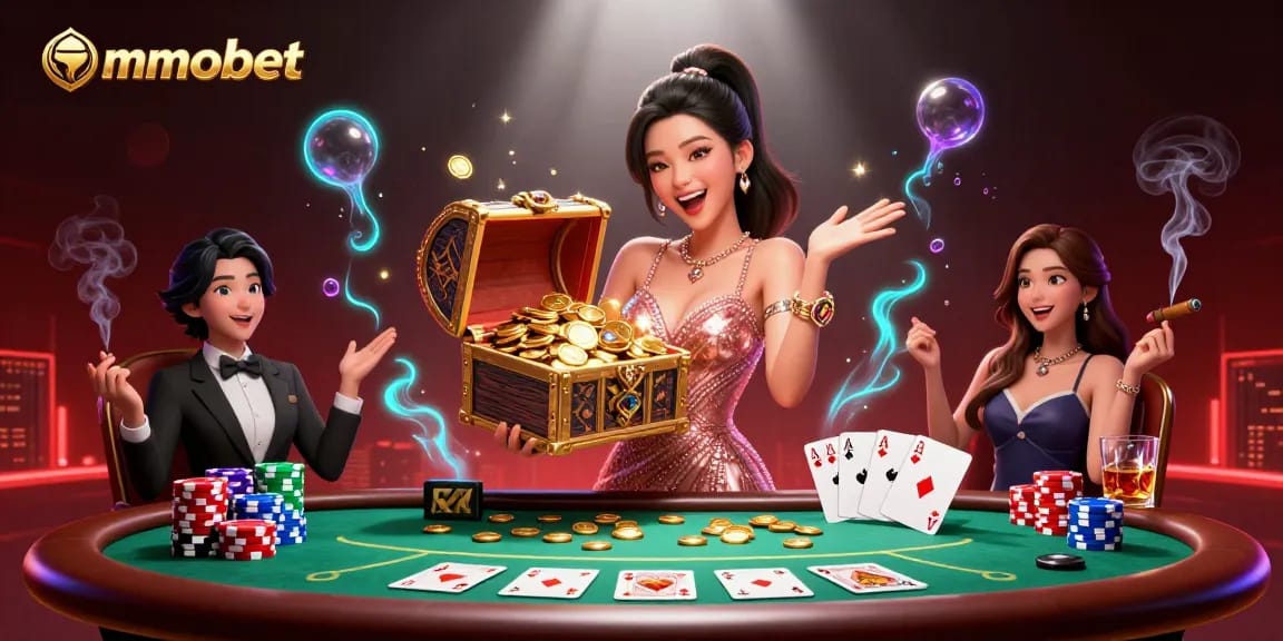 mmoobet showcases an exciting fantasy casino scene with treasures and poker elements