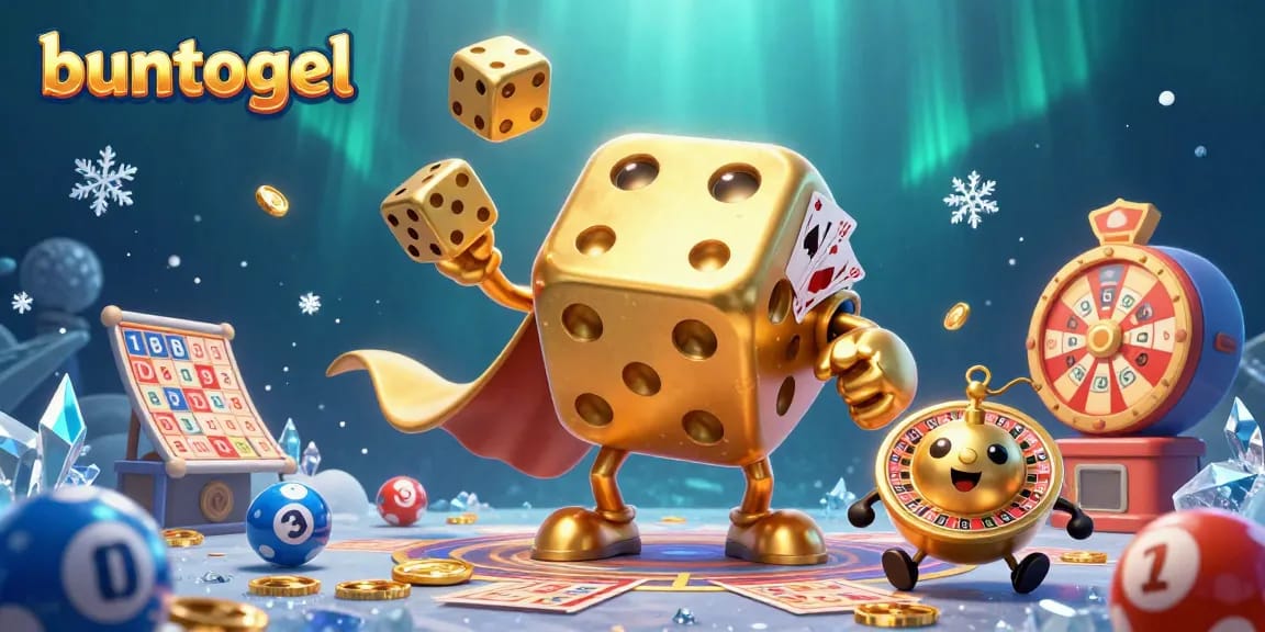 Play and win with buntogel in a vibrant lottery scene featuring a golden dice golem and energetic elements.
