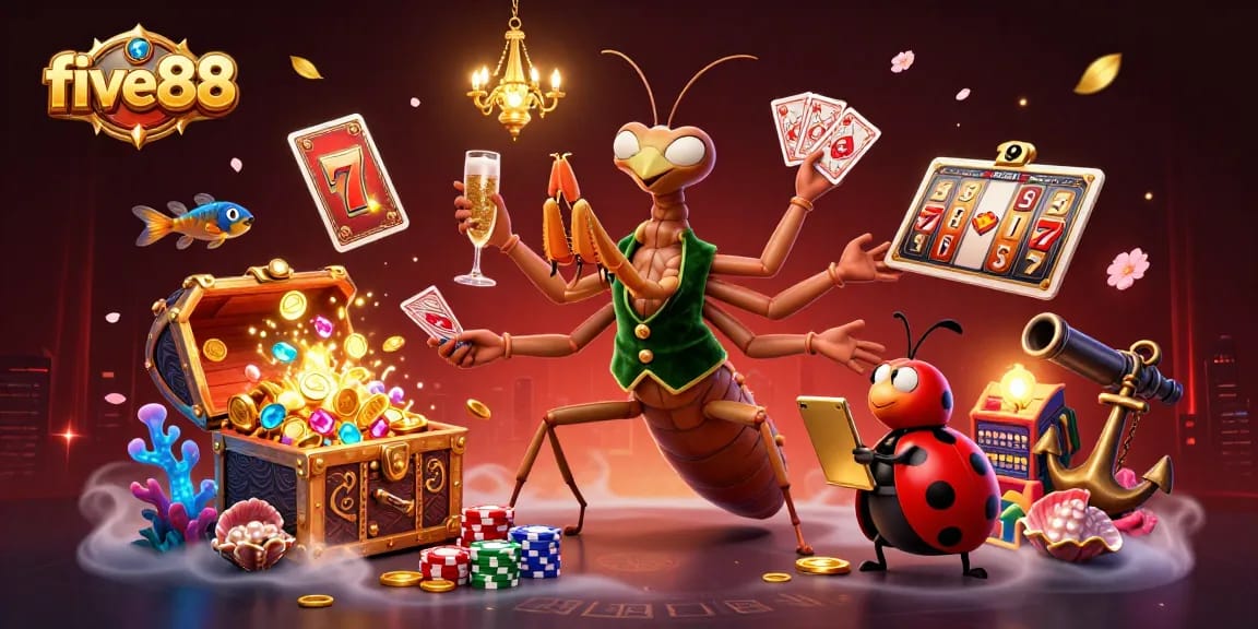 Experience the thrill of five88 as the giant mantis dealer shuffles cards and chips amidst vibrant casino elements.