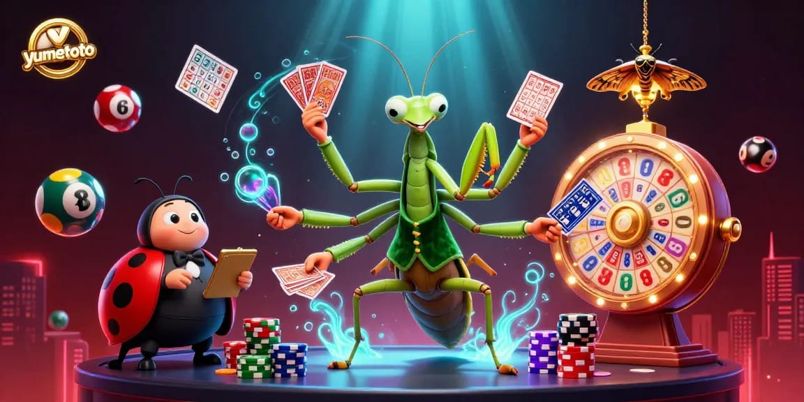 yumetoto lottery and bingo scene with colorful characters dealing cards and spinning balls for winning chances