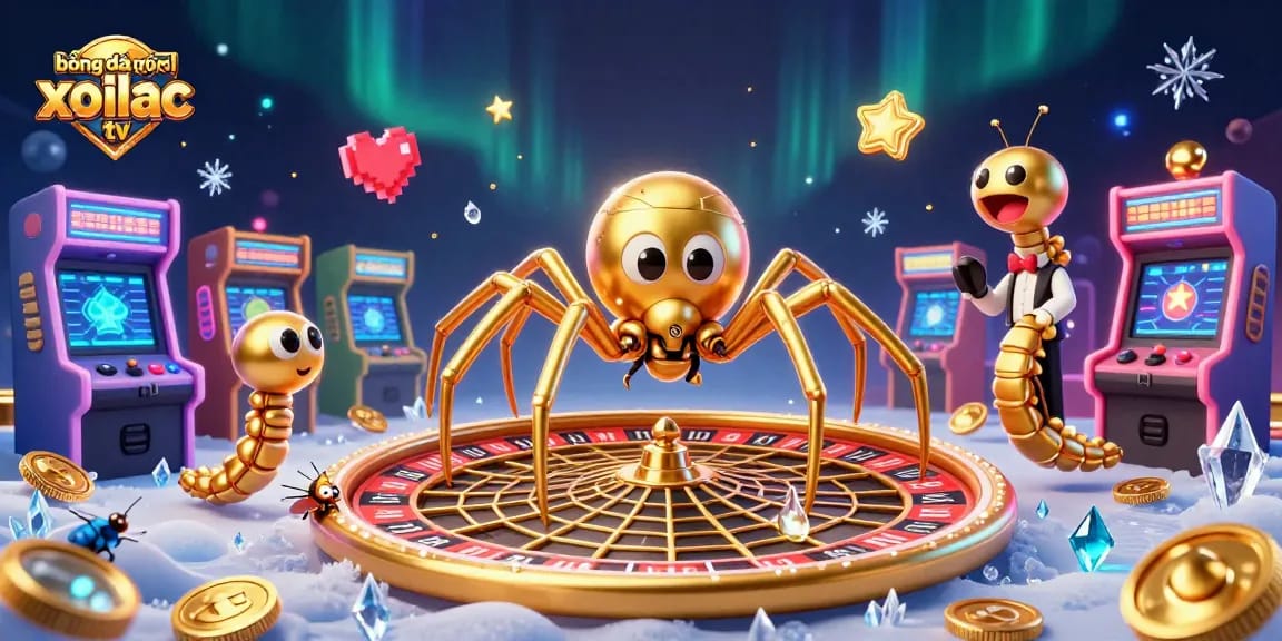 bóng đá trực tuyến xoilac tv showcases a fly betting nervously at a roulette wheel web spun by a golden spider.