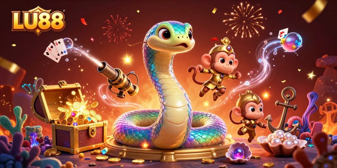 Experience LU88's vibrant casino world with a serpent, treasure, and festive elements.
