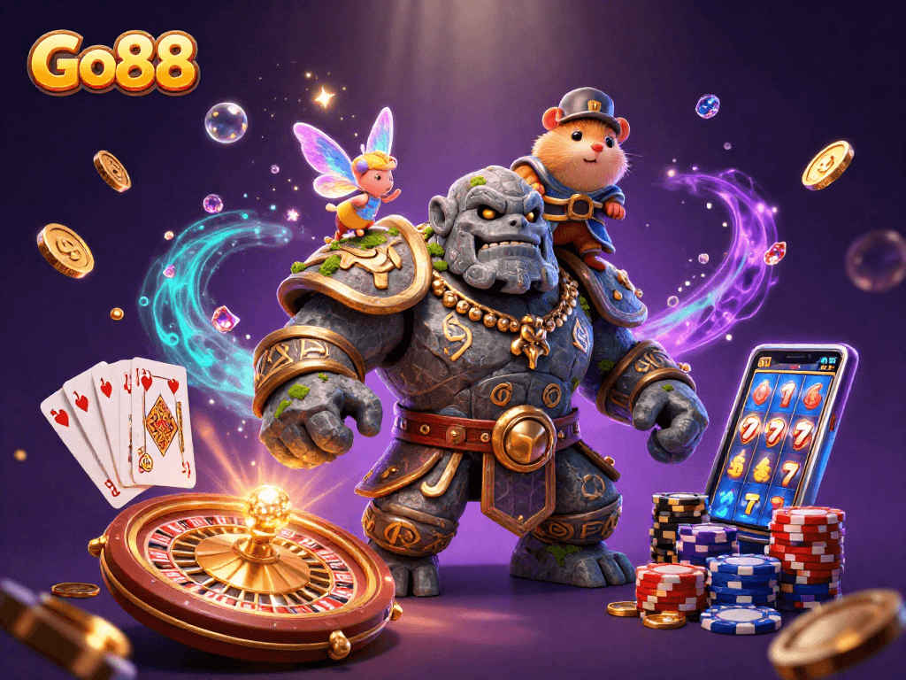 Catch wins at Go88 with an enchanting scene of a stone guardian and hamster knight surrounded by coins and game tools.