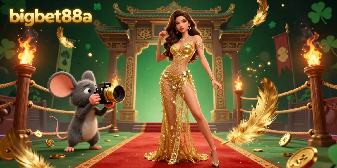 Experience the thrill at bigbet88a with a glamorous illustration featuring golden shimmer, dramatic gaming elements, and a captivating atmosphere.