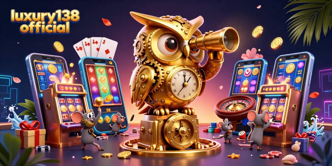 Experience luxury138 official with golden owl and vibrant casino action in this stunning 3D illustration.