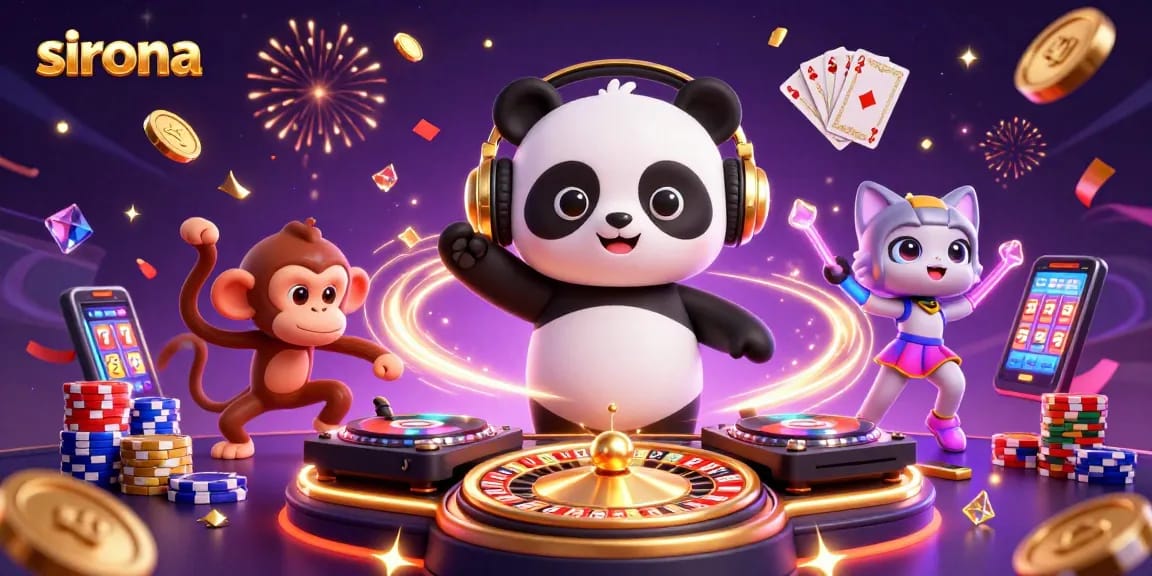 Spin to win with sirona's electrifying 3D casino scene featuring an animated DJ panda and lively characters.