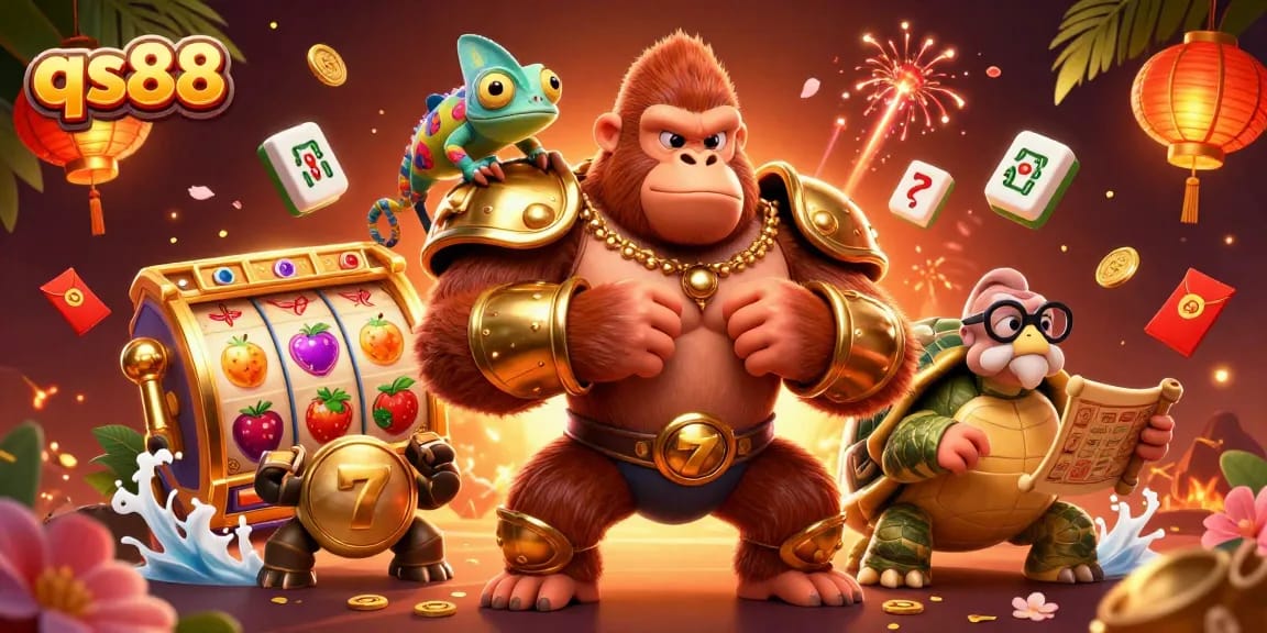 qs88 engages players with a vibrant 3D casino scene showcasing slots and lively characters.