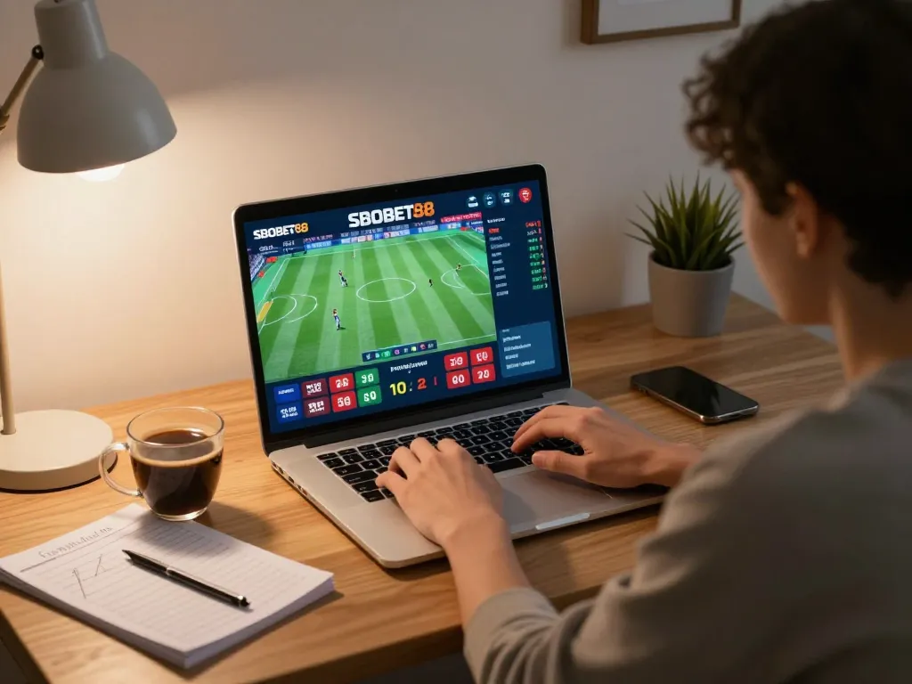 Pengguna SBOBET88 melakukan taruhan strategis sambil menonton olahraga langsung, suasana rumah yang nyaman meningkatkan konsentrasi.
