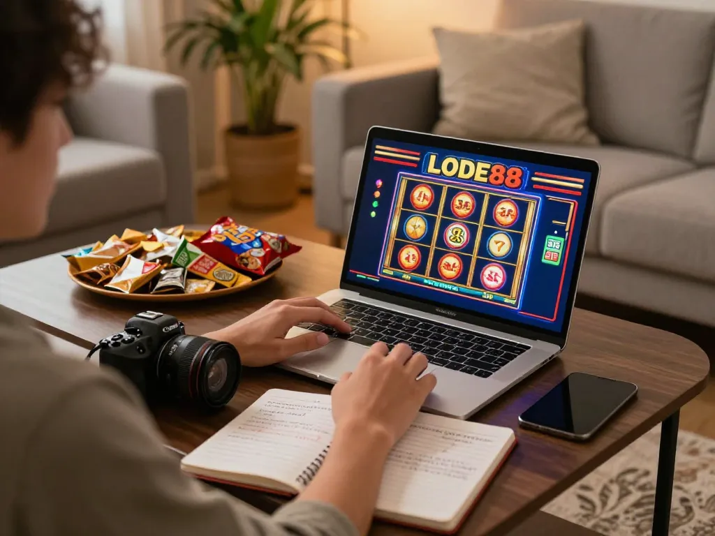 Person engaging with LODE88 casino games on a laptop in a cozy setup, enjoying responsible gaming.