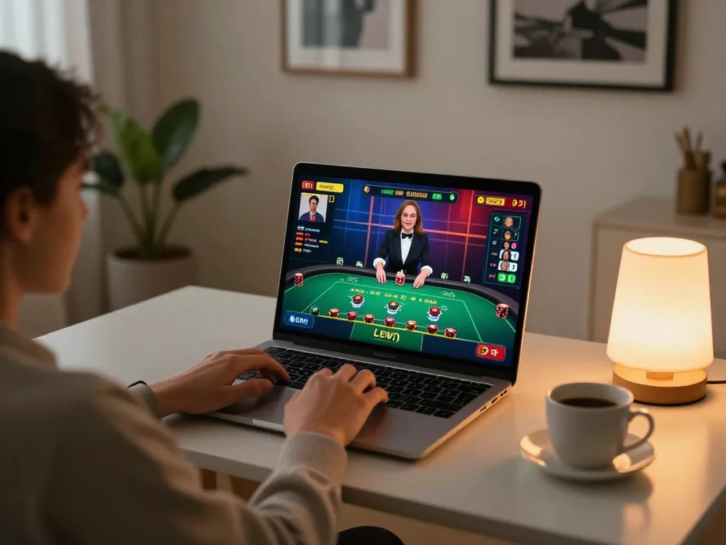 Person engaging in online blackjack at home with Okfun, showcasing a vibrant live dealer experience.