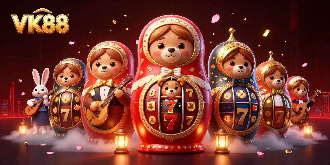 Win big at VK88 with this vibrant scene of 3D cartoon characters celebrating casino wins.