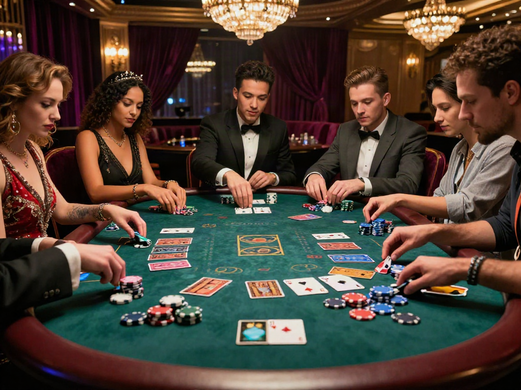 Exciting credit card casino scene with players at a table, showcasing chips and cards.