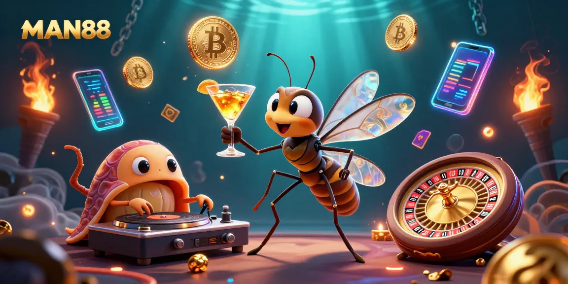 Engage with MAN88's vibrant casino scene featuring a lively mosquito mascot, trilobite DJ, and golden roulette.