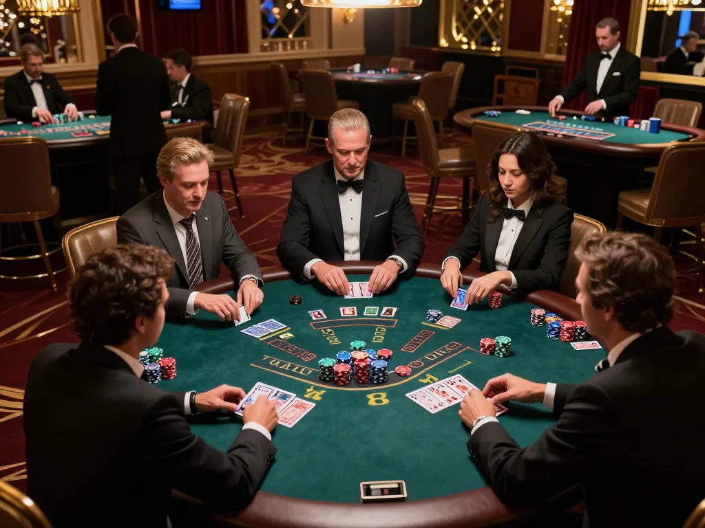 Players strategizing at a five88 blackjack table in a luxurious Las Vegas casino environment