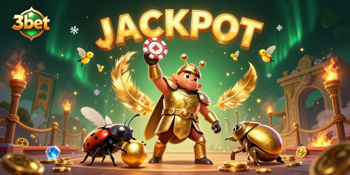 3bet hercules beetle in armor celebrates a major poker win, surrounded by vibrant casino elements.